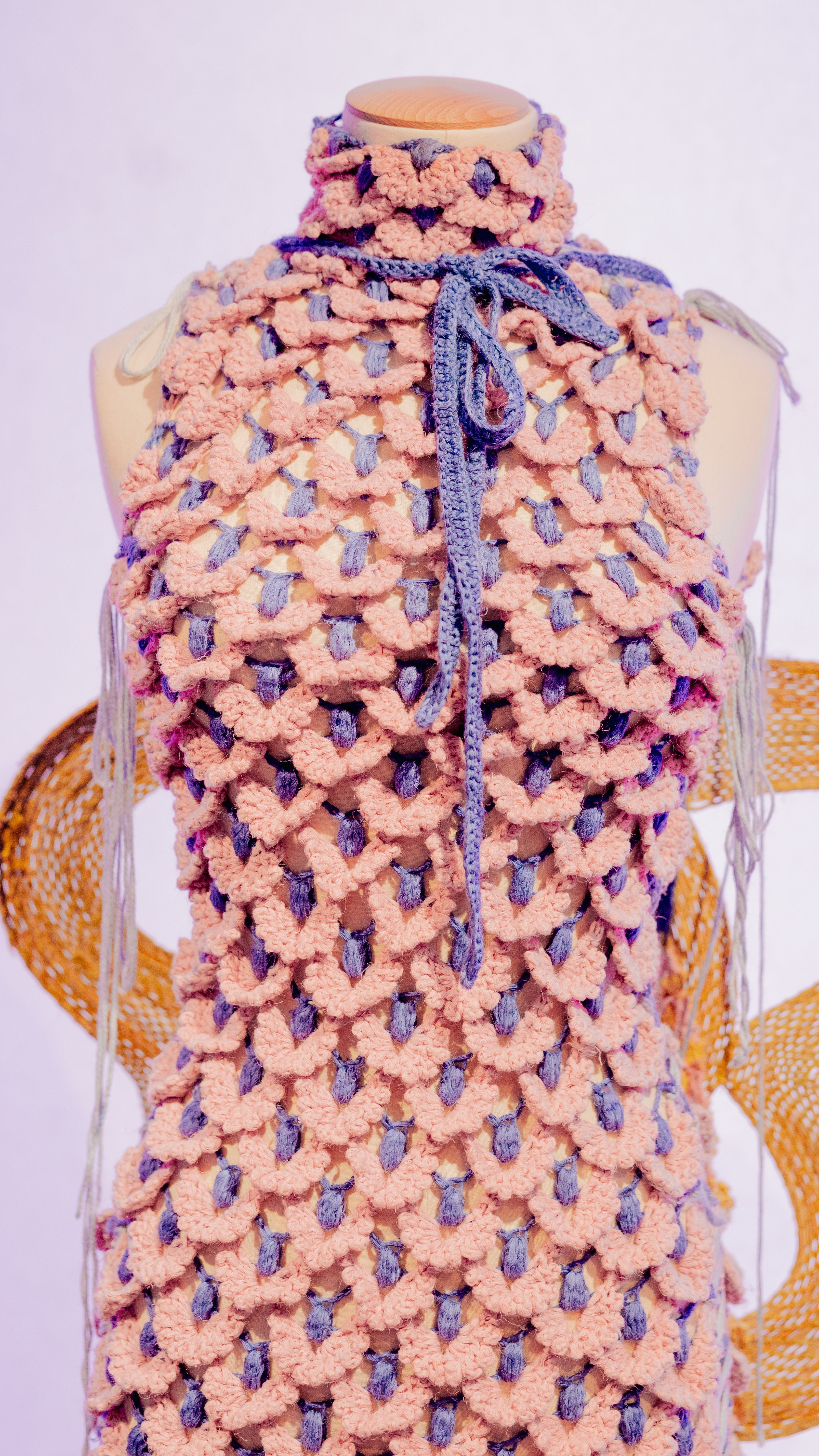 Look 1, LA ZARZAMORA from REGENERATIVE FOLKLORE , showcased at LVMH’s LIFE 360 Summit at UNESCO. Pink and purple crochet dress using signature ACIEN coronation crochet textile, made from pineapple yarn.